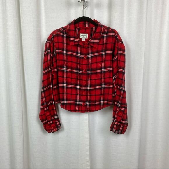 American Eagle Red Plaid Flannel Button Front Cropped Shirt Sz.M NWT - Picture 3 of 12